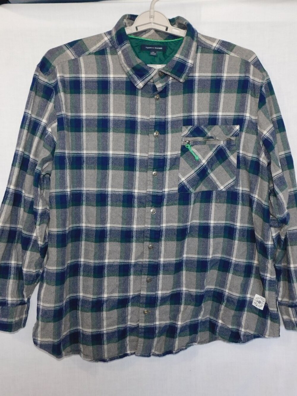 Tommy Hilfiger Blue Green Gray Plaid Flannel Button Front Shirt Pocket Mens 2XL